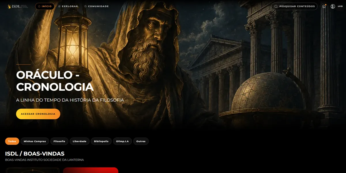 Tela inicial do app do ISDL, com a Cronologia da história da filosofia